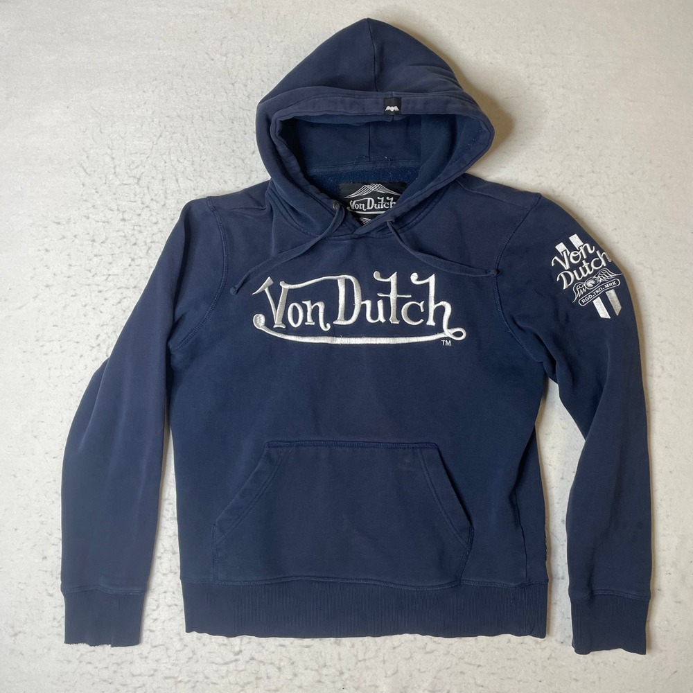 Von Dutch Mens Navy Blue Embroidered Logo Pullover Hoodie Size Medium Y2K Style